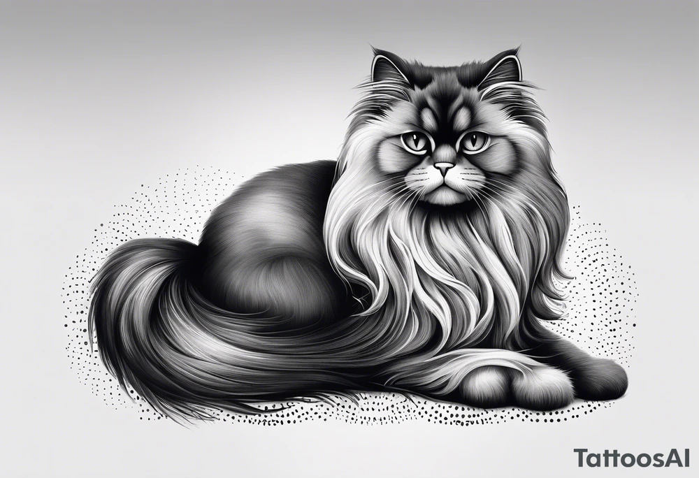 Generate a tattoo design of a long-haired Persian cat with soft, flowing lines, highlighting its luxurious fur in a minimalist style. tattoo idea