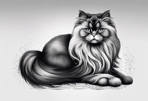 Generate a tattoo design of a long-haired Persian cat with soft, flowing lines, highlighting its luxurious fur in a minimalist style. tattoo idea