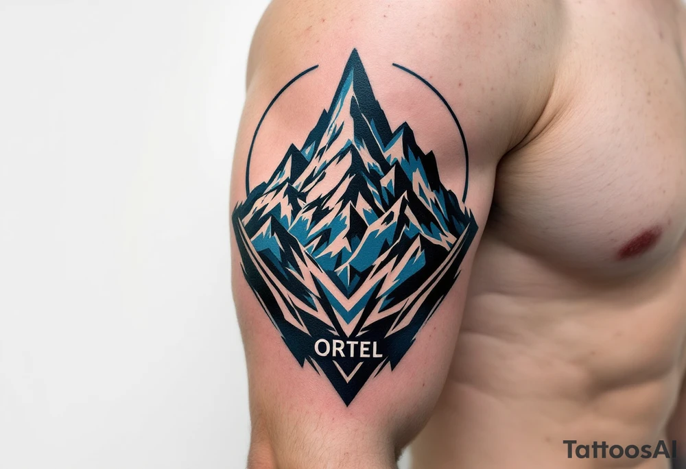 A stormy dark blue and steel gray color palette, featuring a rugged landscape of Czech mountains, symbolizing the unyielding nature of the Czech people with word ORTEL beneath. tattoo idea