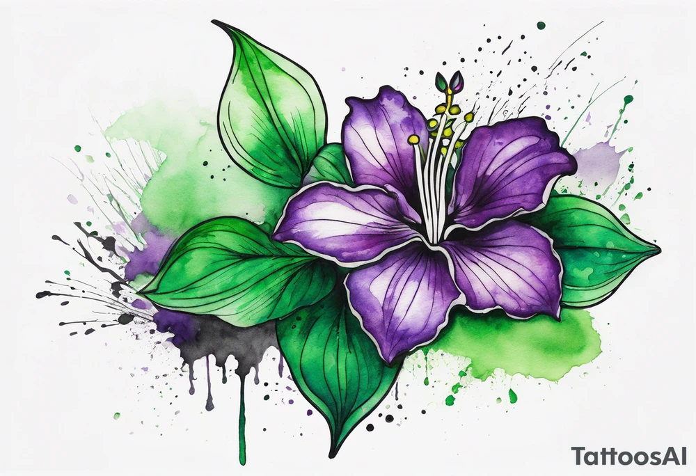 A mystical outline of a green and purple rio dipladenia flower and a green and purple watercolor splash in the background tattoo idea