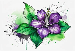 A mystical outline of a green and purple rio dipladenia flower and a green and purple watercolor splash in the background tattoo idea