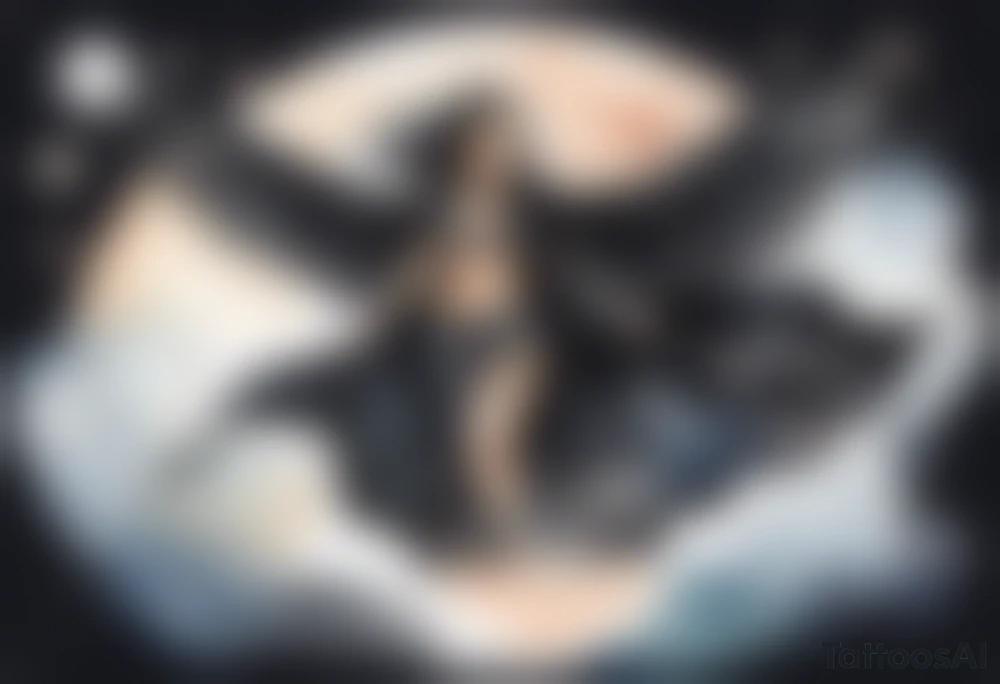 a beautiful 45 year old woman flying in the night sky with black wings, wearing a black cloak and gloves, bare feet tattoo idea