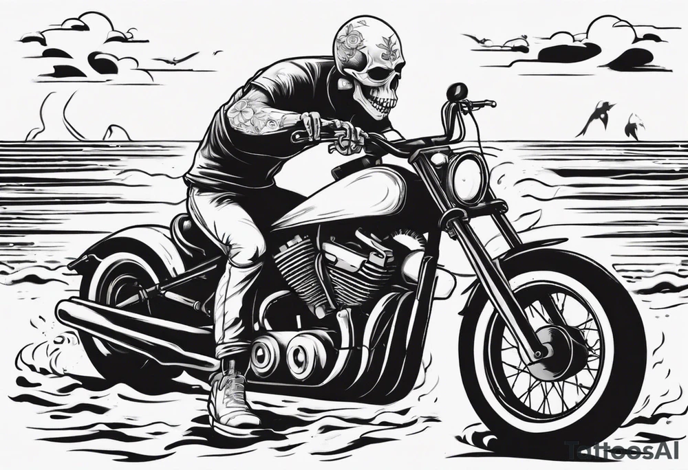 Skull riding motorcycle along the beach tattoo idea