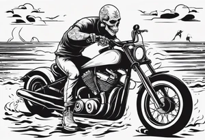 Skull riding motorcycle along the beach tattoo idea