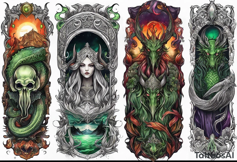 Cthulhu wrap around arm sleeve with other eldritch beasts tattoo idea