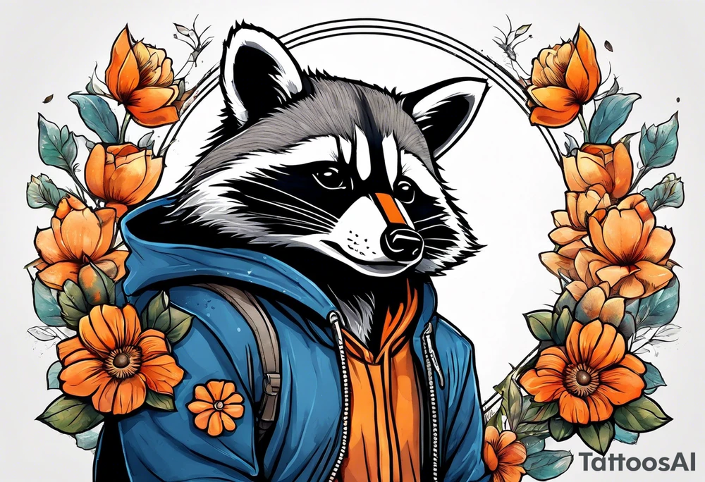 raccoon wearing a Superman hoodie with orange flowers tattoo idea