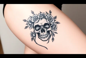 ornate skull adorned with crown of wild roses and thorns tattoo idea