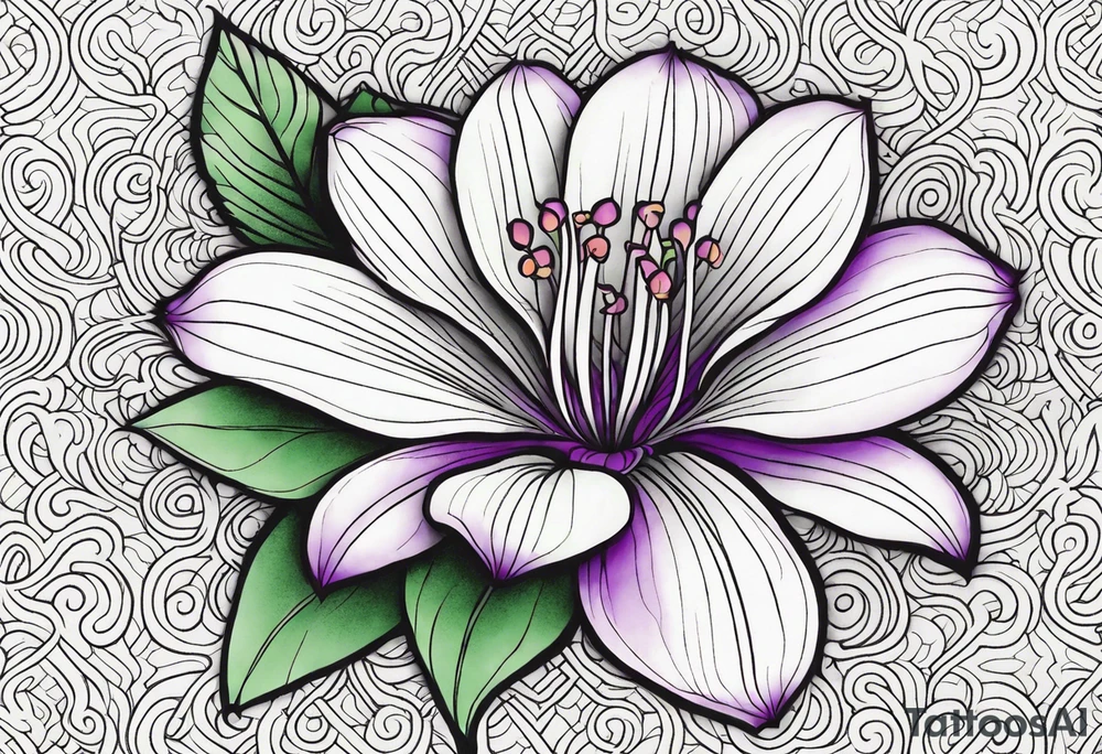 An outline of a rio dipladenia flower with a green and purple background tattoo idea
