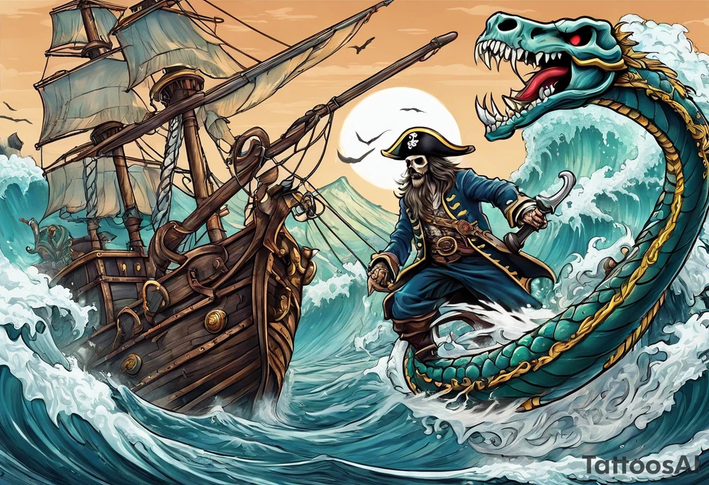 skeleton pirates fighting a sea serpent tattoo idea
