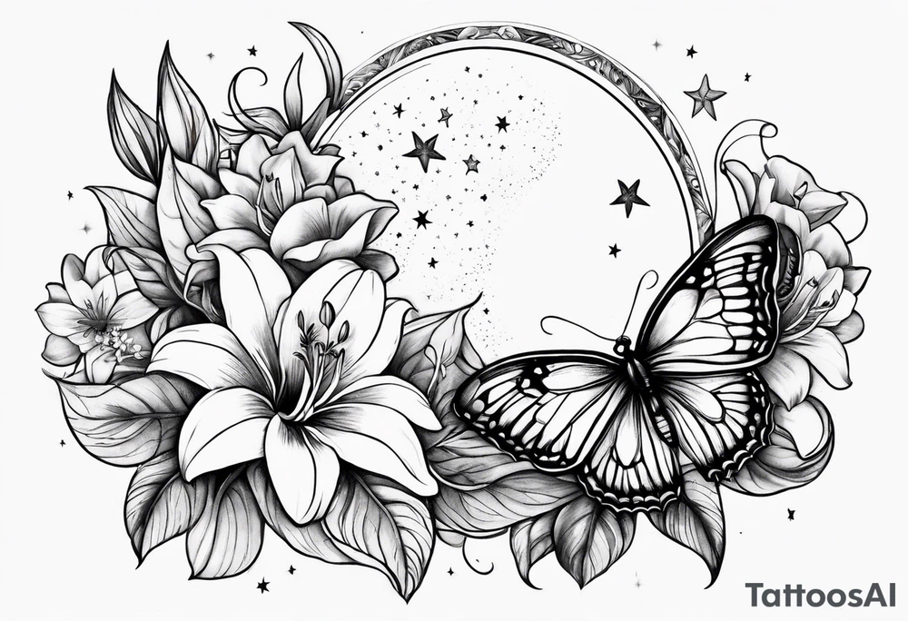 Small moon and stars with a moth and lily flowers tattoo idea