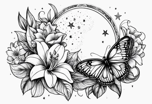Small moon and stars with a moth and lily flowers tattoo idea