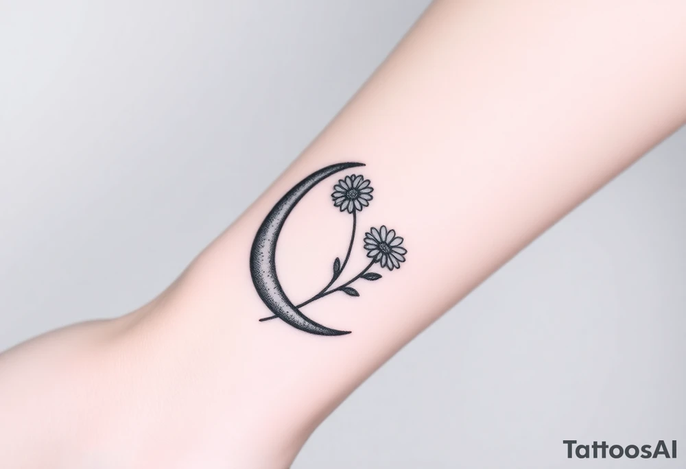 Small black and white tattoo waxing crescent moon with small Daisy birth flower and tiny Leo gliph tattoo idea