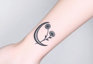 Small black and white tattoo waxing crescent moon with small Daisy birth flower and tiny Leo gliph tattoo idea