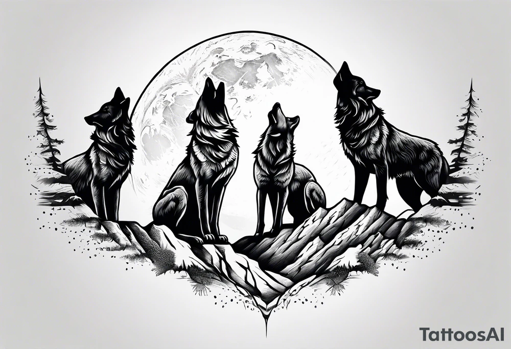 6 wolfs howling at moon tattoo idea