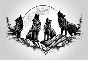 6 wolfs howling at moon tattoo idea