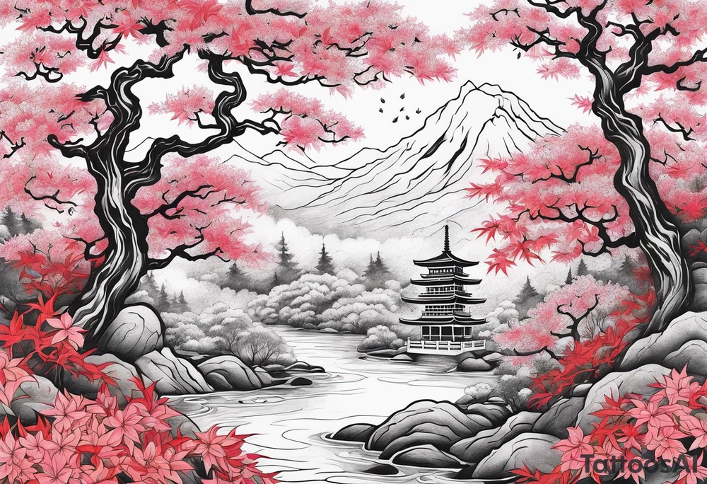 Japanese maple and cherry blossom
 forest tattoo idea