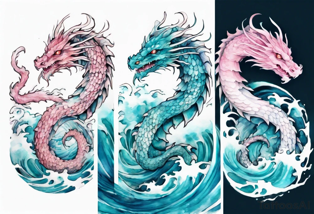 a turquoise and white and pink sea wyrm with beautiful eyes emerging from the blue waves of the ocean tattoo idea