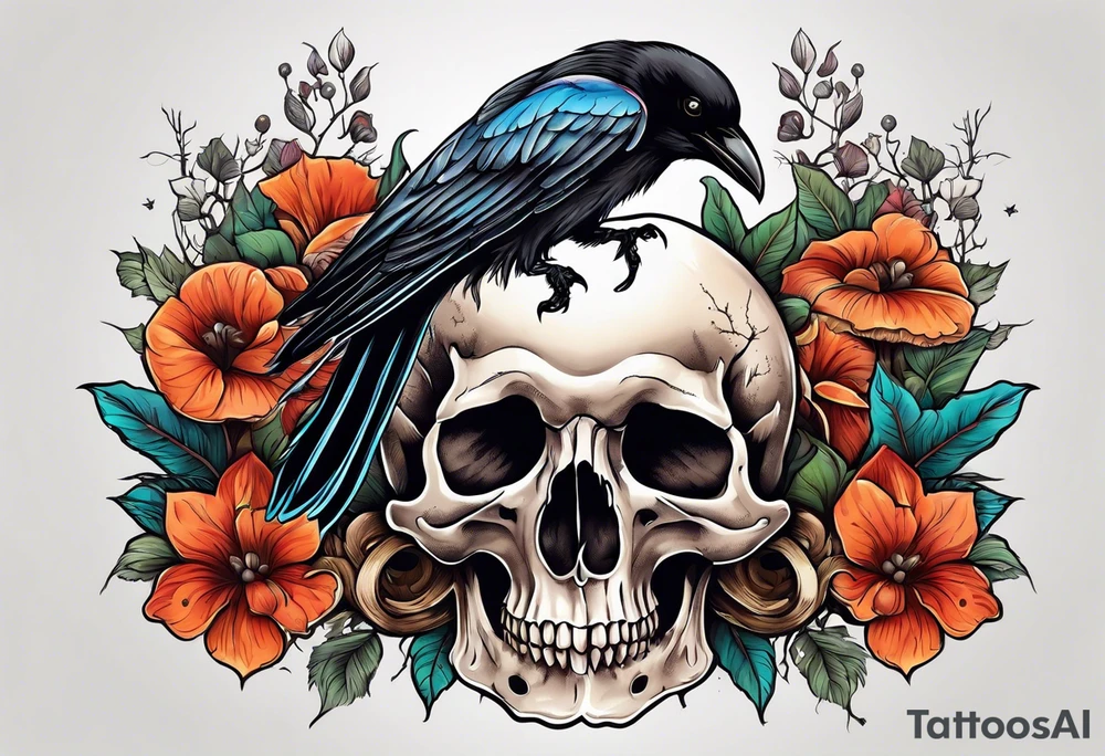 Crow skull with mushrooms and nature in the background tattoo idea