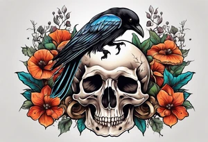 Crow skull with mushrooms and nature in the background tattoo idea