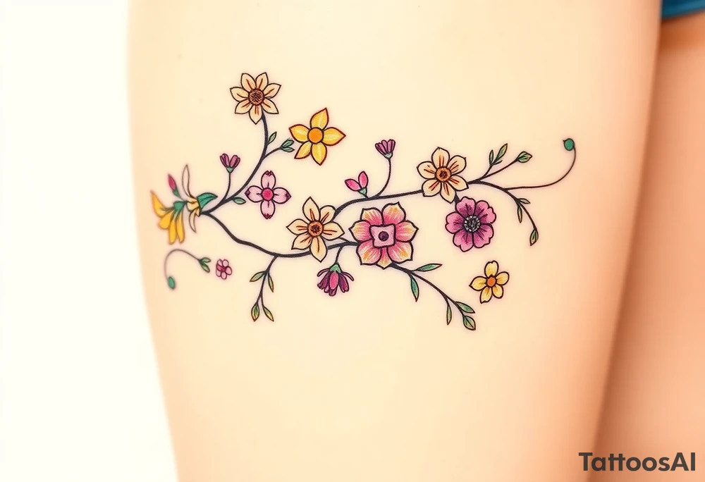 Vine with alternating flowers daffodil,
Lily, chrysanthemum, rose, aster, narcissus tattoo idea