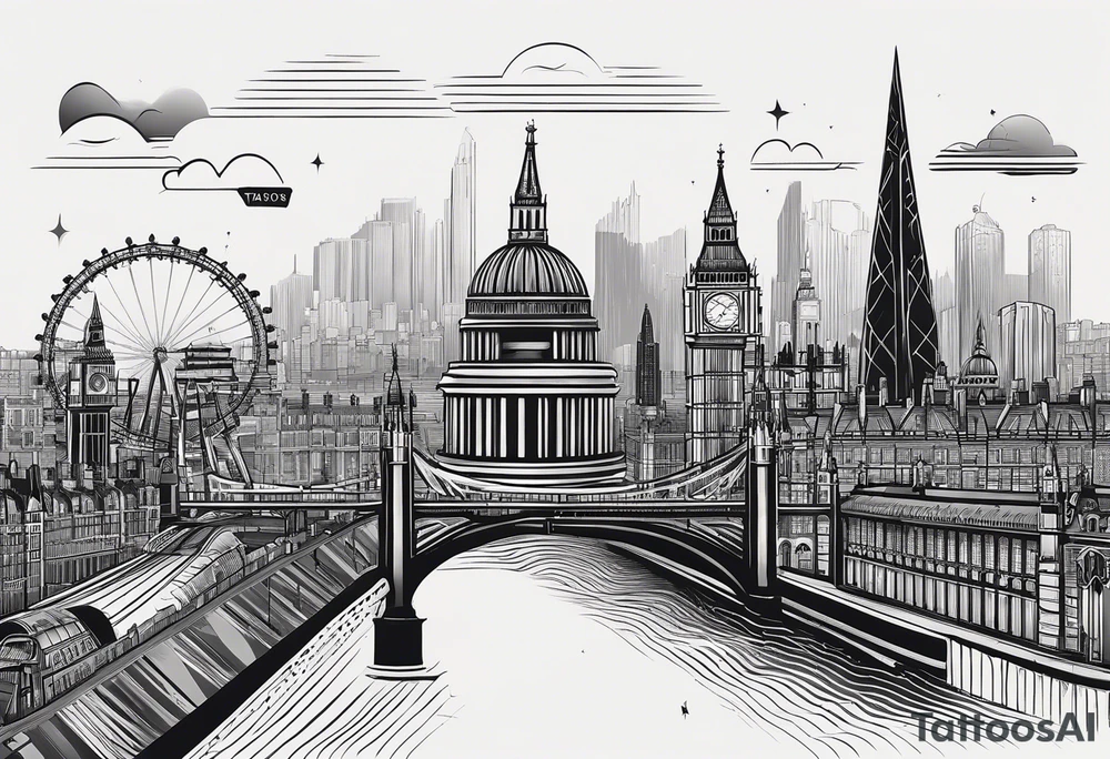 A minimalistic, abstract design capturing the architectural essence and vibe of London. Key elements of London’s skyline and structure are hinted at with clean lines, and subtle detailing includes personal touches, like a nod to Feid’s signature look (hat, glasses, mustache), integrated discreetly to honor a memorable concert experience. tattoo idea