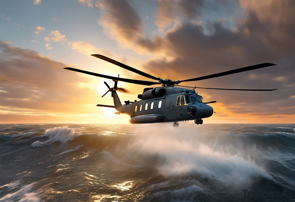 A detailed 4K drawing of a Canadian military grey CH-148 Cyclone helicopter soaring low over rough, ocean waves. The sun is setting, casting a dramatic glow on the scene. The background is highly detailed, with realistic clouds and a specular reflection of the helicopter on the water. Focus on the intricate details of the helicopter and the ruggedness of the ocean. tattoo idea