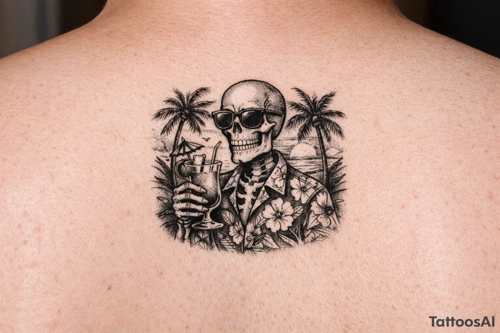 Skeleton in Hawaiian shirt and sunglasses holding a cocktail on a beach with palm trees and a setting sun. tattoo idea