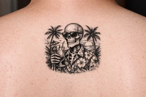 Skeleton in Hawaiian shirt and sunglasses holding a cocktail on a beach with palm trees and a setting sun. tattoo idea