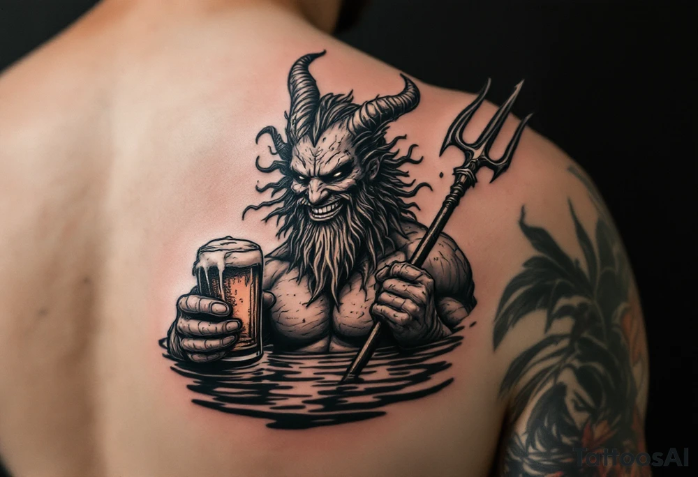 smiling poseidon, with a trident, in calm water, holding a beer tattoo idea