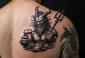 smiling poseidon, with a trident, in calm water, holding a beer tattoo idea