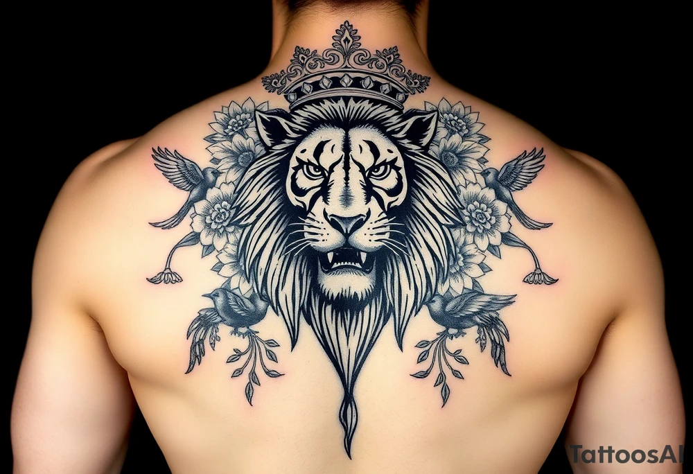 powerful majestic lion with a crown, surrounded by floral ornaments and birds tattoo idea