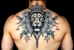 powerful majestic lion with a crown, surrounded by floral ornaments and birds tattoo idea