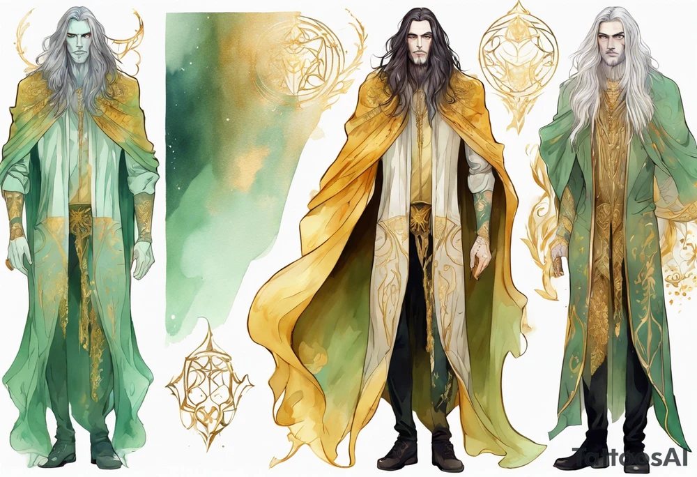 A tall beautiful man with pale green skin  with long hair of gold and silver with amber eyes wearing a gold cloak tattoo idea