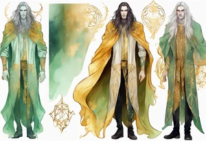 A tall beautiful man with pale green skin  with long hair of gold and silver with amber eyes wearing a gold cloak tattoo idea