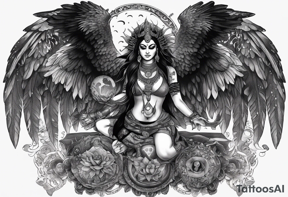 black kali, goddess pirate, alien, angel, pachamama, valkrye, warrior, flying, skull, lotus azul, wing, eagle, zenza resonance, stars, 5D, anahata chakra, death, durga, riding on a tiger, flying lady, kundalini, chest tatoo, samuri, rebel, serpent tattoo idea