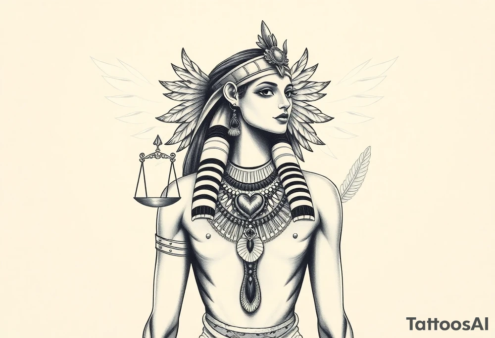 Beautiful Egyptian goddess and elegant body, depicted as a regal woman with an ostrich feather headdress, and intricate ancient Egyptian jewelry such as the Anhk necklace. Background includes something similar to heaven. Incorporate the Scales of Justice—one side holding a heart, the other Ma’at’s feather—glowing with ethereal energy. Emphasize dramatic lighting, deep shadows, and surreal, mystical atmosphere tattoo idea