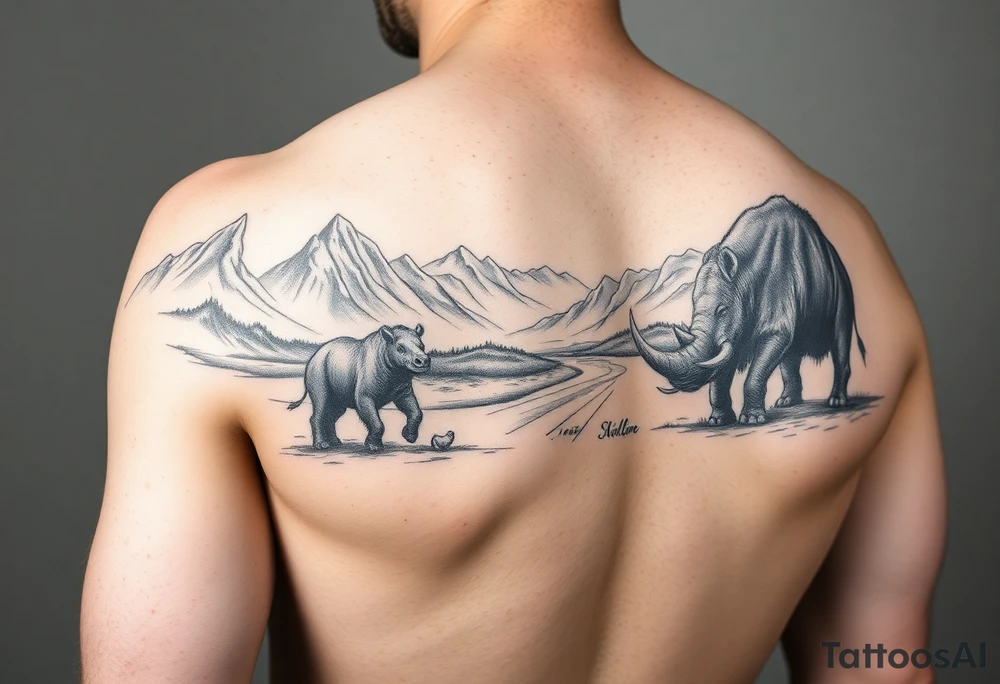 Arm sleeve with mountains, a river Valley woolly mammoth, woolly rhinoceros And Neolithic hunters tattoo idea
