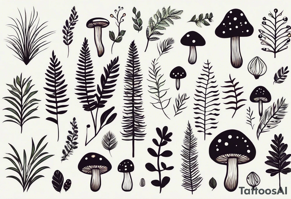forest floor inspired minimalist tattoo, which includes grass, curly ferns, moss and dead leaves as the bulk of the tattoo. details to include: forest berries, a tiny bumblebee flying nearby, three small brown mushrooms
Generate a vertically long one tattoo idea