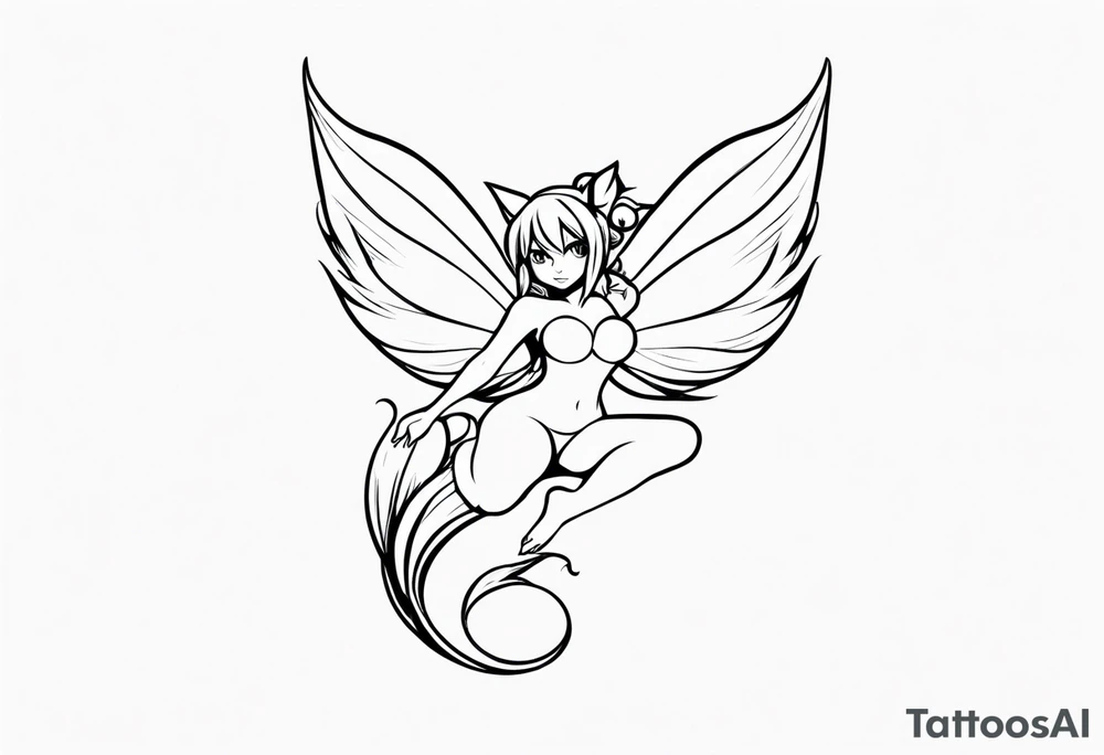A fairy with a tail inspired by the logo of the show called Fairy Tail in a fetal position leaning in tattoo idea