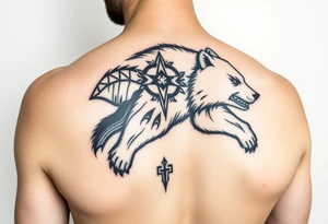 Nordic Viking themed bear on shoulder Vegvisir symbol tribal elder furthark bicep band tattoo idea