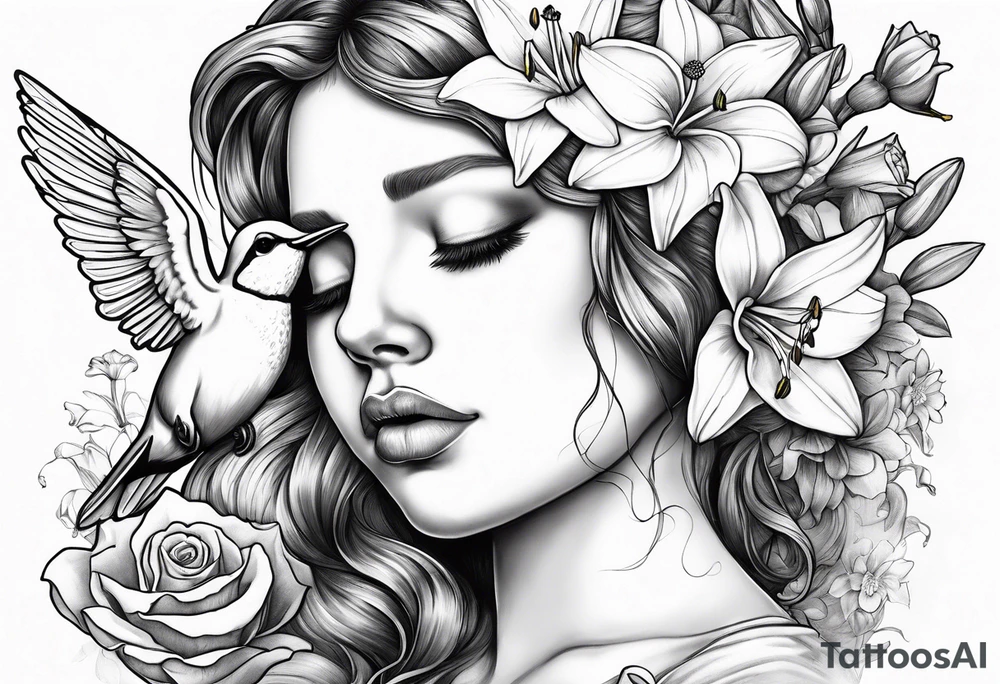 crying angel with head tilted down surrounded by lily, daffodil, rose, daisy, narcissus holding a hummingbird tattoo idea