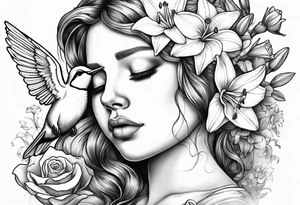 crying angel with head tilted down surrounded by lily, daffodil, rose, daisy, narcissus holding a hummingbird tattoo idea