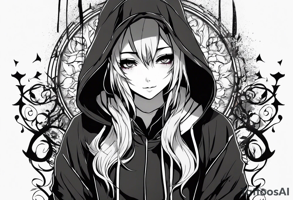 gothic anime style girl cries blood while laughing, full body with sweatshirt and hood tattoo idea