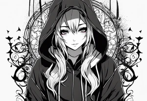 gothic anime style girl cries blood while laughing, full body with sweatshirt and hood tattoo idea