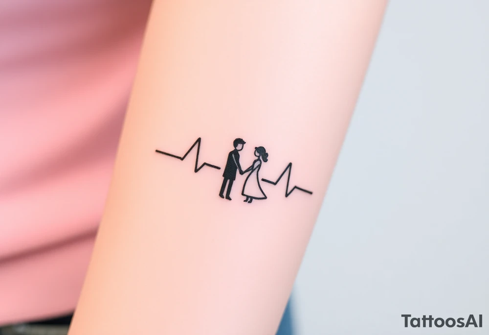 Heartbeat line with a tiny silhouette of a couple holding hands, surrounded by soft pink and lavender tones, symbolizing love and unity. tattoo idea
