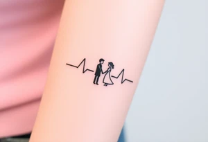 Heartbeat line with a tiny silhouette of a couple holding hands, surrounded by soft pink and lavender tones, symbolizing love and unity. tattoo idea