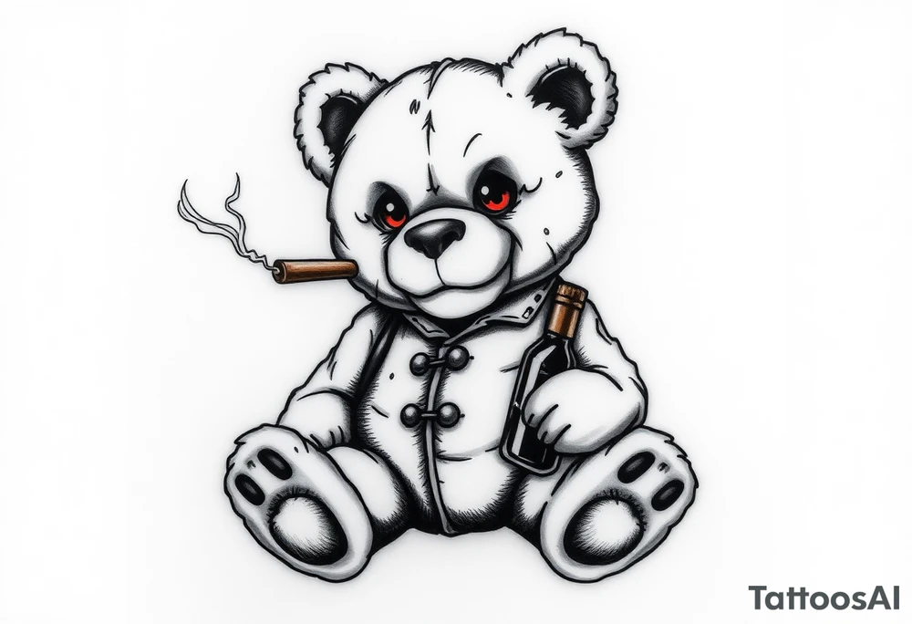 "A black and white realistic tattoo design of a rebellious teddy bear. The bear looks worn out, with visible stitches, a torn ear, and a button eye. It sits in a relaxed pose, holding a smoking cigar in one paw and a whiskey bottle in the other. Some stuffing is peeking through its seams. The bear has a smug expression, and its eyes glow red as a minimal color accent. The style is detailed, dark, and edgy, perfect for a tattoo. tattoo idea