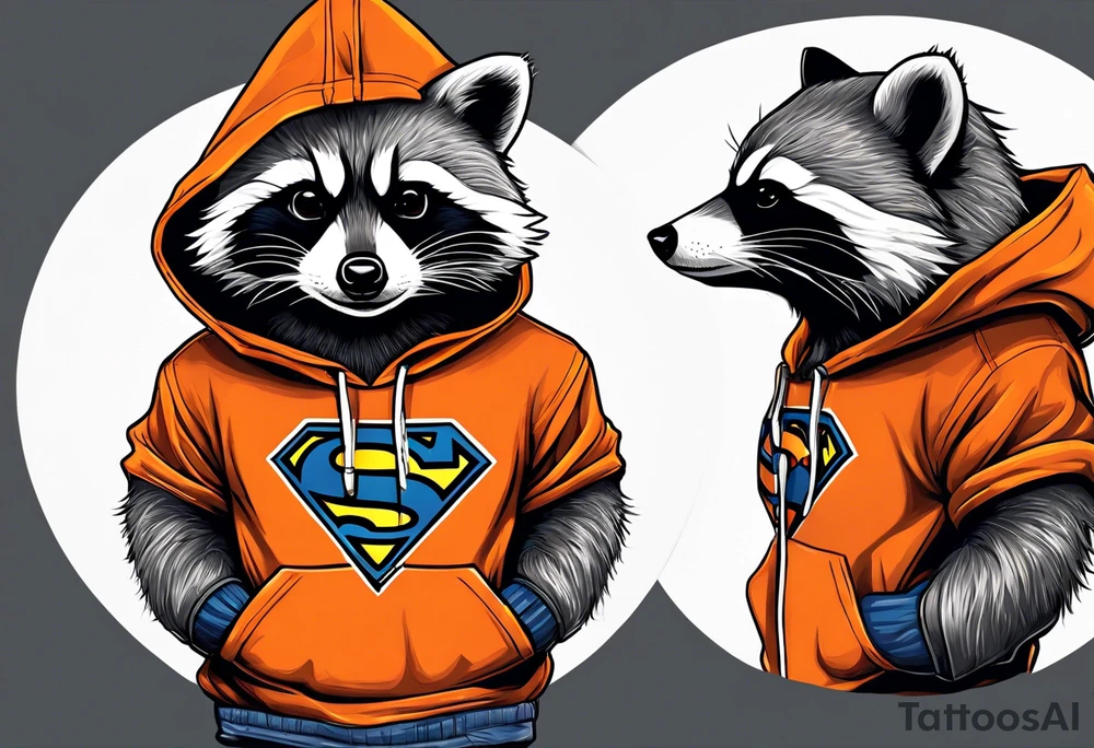 Raccoon wearing an orange Superman hoodie tattoo idea