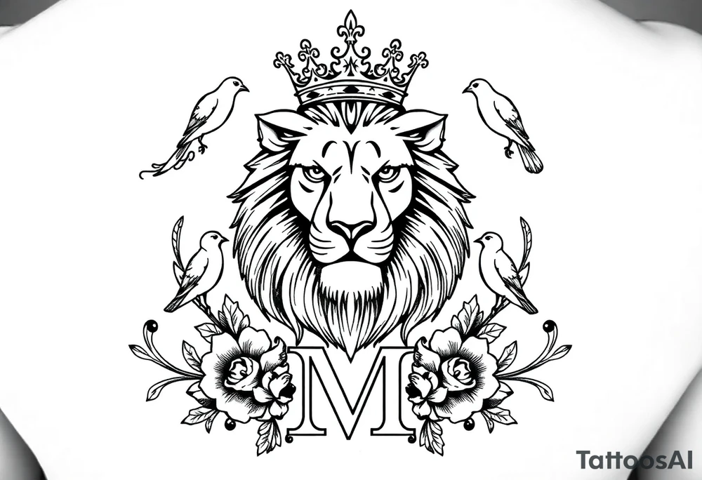 powerful majestic lion with a crown, surrounded by floral ornaments and birds
Classic Serif Design
above:
	•	Font: Elegant serif typeface (e.g., Times New Roman or Garamond).
	•	Style:
	•	“owned by” in lowercase, centered above the “M” with slight letter spacing.
	•	“M” is bold and slightly larger, sitting at the bottom.
	•	Overall Shape: Balanced and traditional, minimal flourishes. tattoo idea