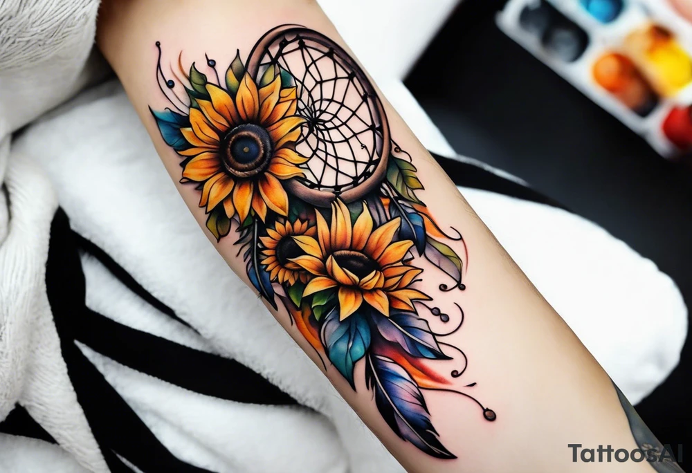 Dreamcatcher and sunflowers forearm sleeve tattoo idea